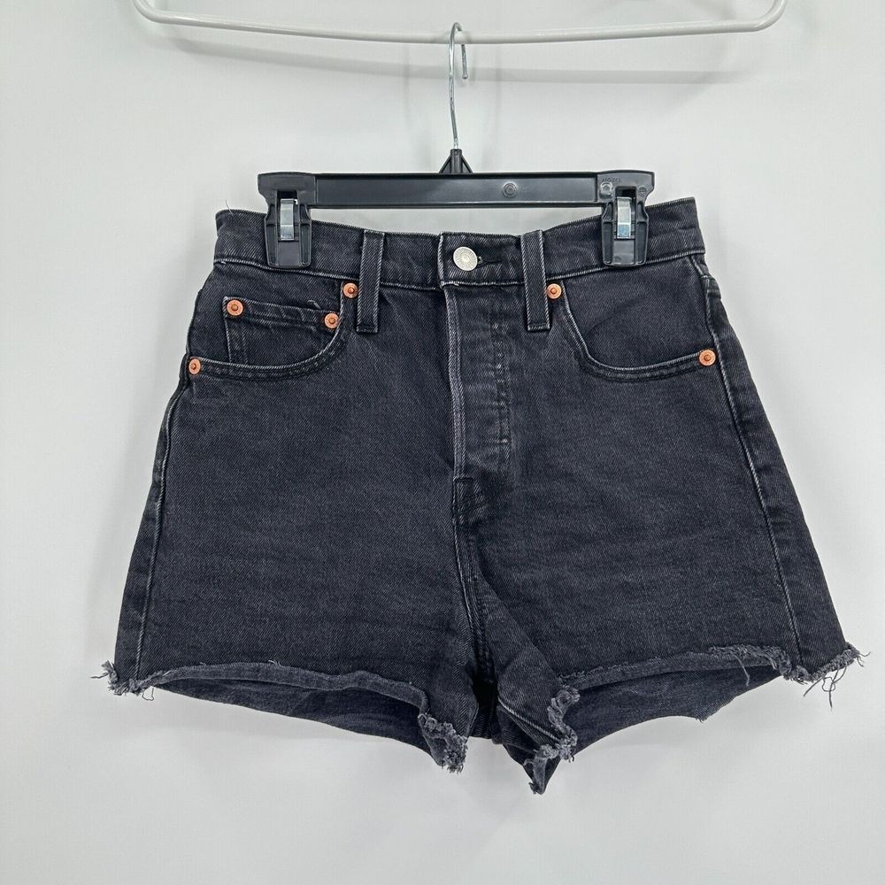 Levis‎ Ribcage Shorts Womens 24 Black Denim Frayed Button Fly High Rise Festival